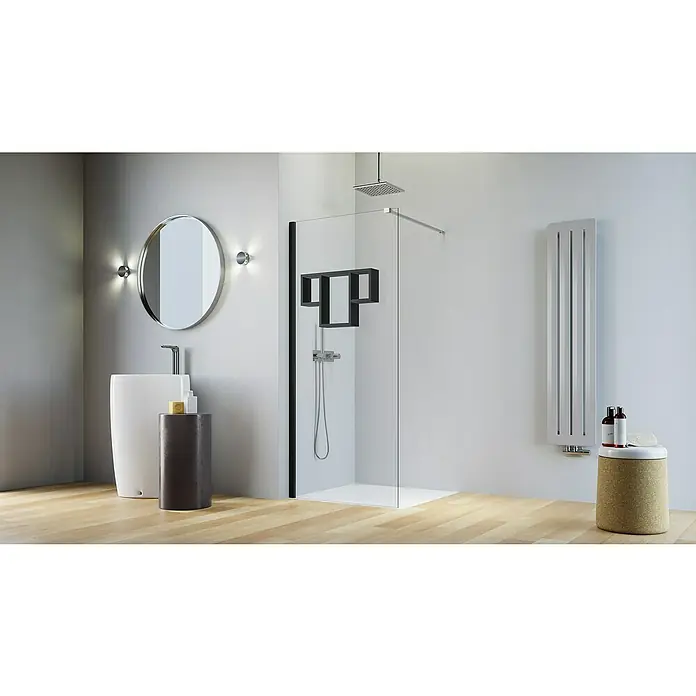 Camargue Vario Badregal - 10 x 55 x 55 cm, Verbundwerkstoff, Schwarz - Badezimmer-Interieur mit einer begehbaren Dusche mit Glaswand, einem modernen Waschbecken und einem runden Spiegel, die das elegante Design betonen.