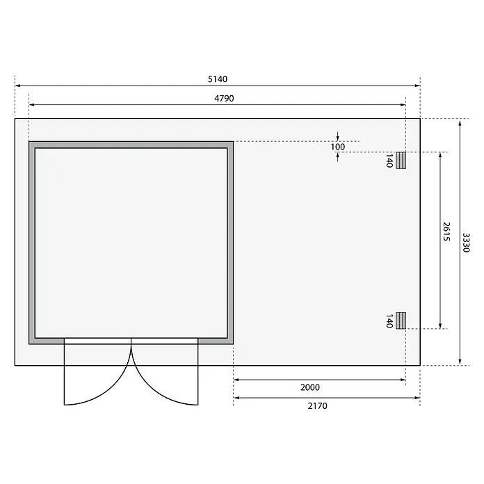 Karibu Gartenhaus Bastrup 5 - Außenmaß inkl. Dachüberstand (B x T): 514 x 333 cm, Holz, Natur, Mit Seitendach und Rückwand - Draufsicht des Grundrisses eines Gebäudes mit detaillierten Maßangaben für Wände, Öffnungen und architektonische Elemente.