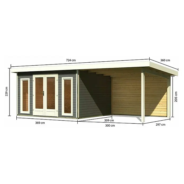 Karibu Gartenhaus Radeburg 2 - Außenmaß inkl. Dachüberstand (B x T): 724 x 331,5 cm, Holz, Terragrau, Mit Seitendach und Rückwand - Ansicht des Gartenhauses mit Maßangaben zu Höhe, Breite und Tiefe für eine detaillierte Produktübersicht.