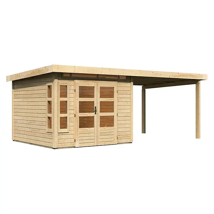 Karibu Gartenhaus Kastorf 6 - Außenmaß inkl. Dachüberstand (B x T): 612 x 303 cm, Holz, Natur, Mit Seitendach - Abbildung eines Holzgartenhauses mit Vordach. Das Haus ist aus hellem Holz gefertigt und hat eine Doppeltür mit Fenstern.