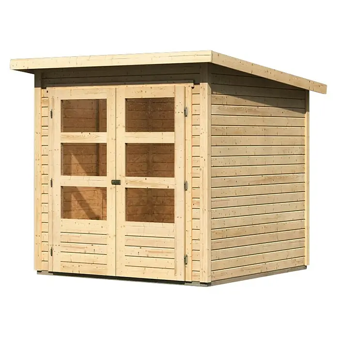 Karibu Gartenhaus Stockach 2 - Außenmaß inkl. Dachüberstand (B x T): 212 x 210 cm, Holz, Natur - Gartenhaus aus hellem Holz mit Doppeltür und Fenstern für mehr Licht und Stauraum.