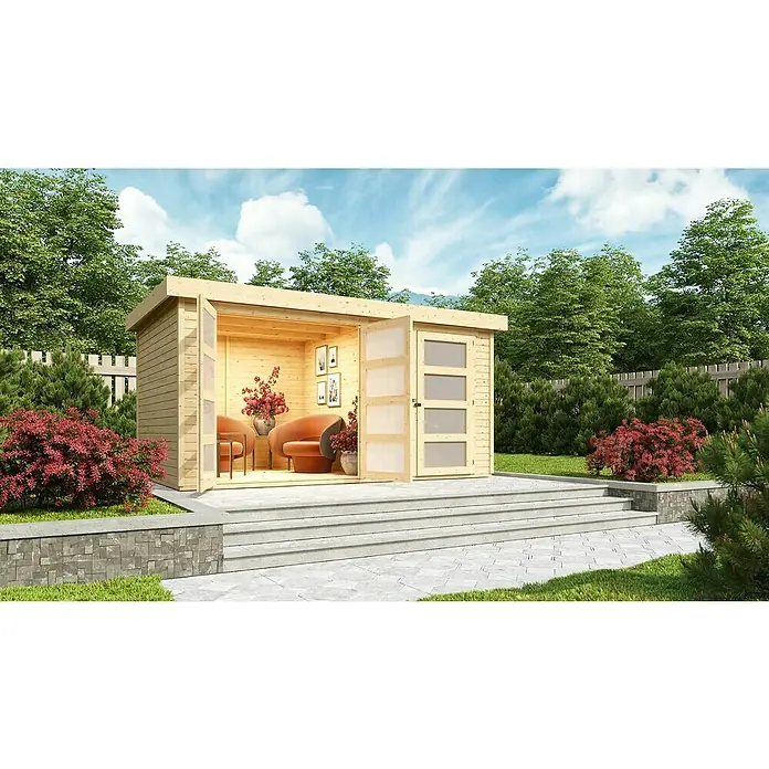 Karibu Gartenhaus Mühlentrup 2 - Außenmaß inkl. Dachüberstand (B x T): 428 x 310 cm, Holz, Natur - Ein modernes Gartenhaus mit Doppeltür und teilverglasten Elementen, umgeben von Grün. Der perfekte Rückzugsort im Garten.