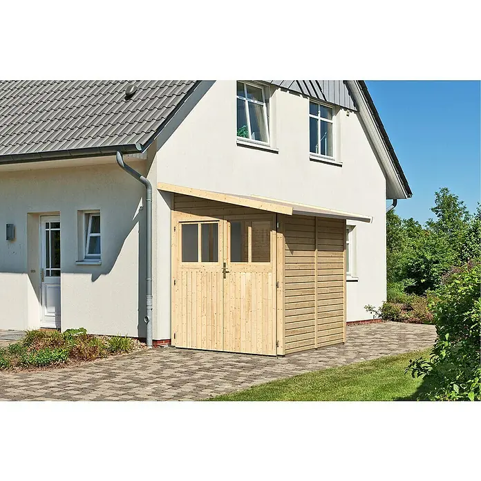 Karibu Gartenhaus Wandlitz 2 - Außenmaß inkl. Dachüberstand (B x T): 200 x 232 cm, Holz, Natur - Modernes Holzgartenhaus mit Doppeltür und seitlicher Holzverkleidung, an ein Wohnhaus angebaut.