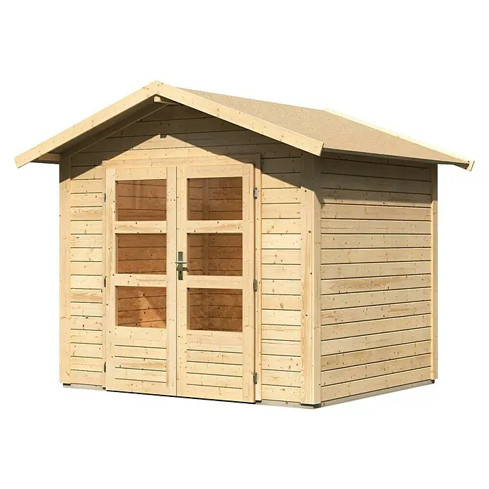 Karibu Gartenhaus Talkau 3 - Außenmaß inkl. Dachüberstand (B x T): 270 x 234 cm, Holz, Natur - Ein hölzernes Gartenhaus mit Doppeltüren und Fenstern, ideal für die Aufbewahrung von Gartengeräten und Zubehör. Das Gartenhaus bietet viel Platz.