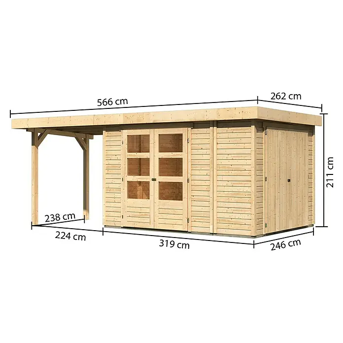 Karibu Gartenhaus Retola 4 - Außenmaß inkl. Dachüberstand (B x T): 566 x 262 cm, Holz, Natur - Abbildung eines Holzgartenhauses mit Carport und den Maßangaben 566 cm, 262 cm, 211 cm, 238 cm, 224 cm, 319 cm und 246 cm.