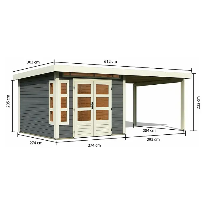 Karibu Gartenhaus Kastorf 6 - Außenmaß inkl. Dachüberstand (B x T): 612 x 303 cm, Holz, Terragrau, Mit Seitendach - Abbildung eines Gartenhauses mit den Maßen 205 cm Höhe, 303 cm Breite und 612 cm Länge, mit Carport und Doppeltür.