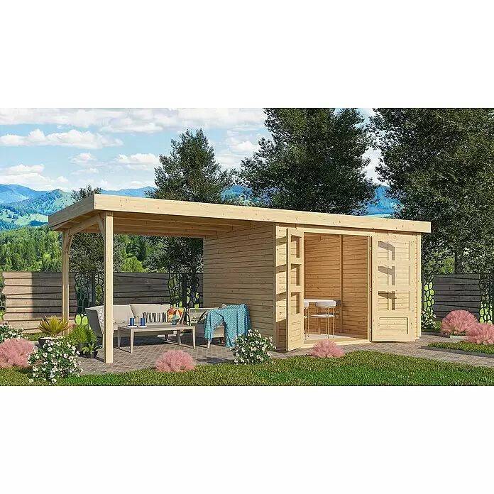 Karibu Gartenhaus Retola 4 - Außenmaß inkl. Dachüberstand (B x T): 603,5 x 262 cm, Holz, Natur - Heller Holzschuppen mit Pergola, Möbel auf der Terrasse und Stühle im Inneren.