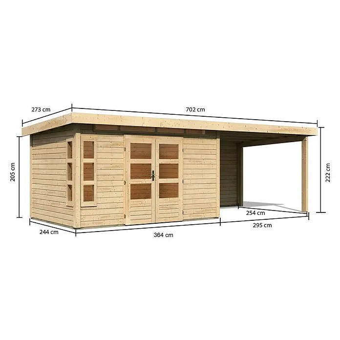Karibu Gartenhaus Kastorf 7 - Außenmaß inkl. Dachüberstand (B x T): 702 x 273 cm, Holz, Natur, Mit Seitendach und Rückwand - Ansicht des Gartenhauses mit Abmessungen. Das Holzhaus bietet zusätzlichen Unterstand und ist ideal für den Garten.