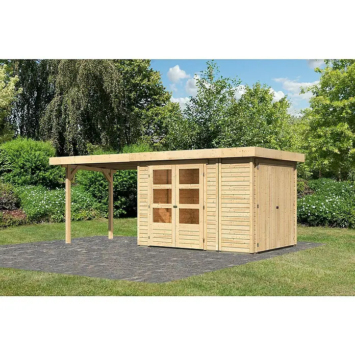 Karibu Gartenhaus Retola 2Außenmaß inkl. Dachüberstand (B x T): 580 x 238 cm, Holz, Natur - Geräumiges Holzgartenhaus mit Doppeltür und überdachtem Bereich, ideal für die Gartenaufbewahrung und als Wetterschutz.