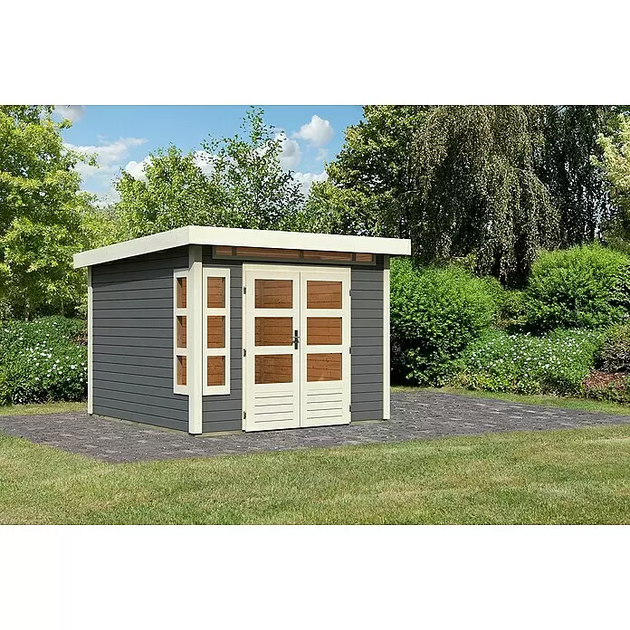 Karibu Gartenhaus Kastorf 6 - Außenmaß inkl. Dachüberstand (B x T): 305 x 303 cm, Holz, Terragrau - Moderner, dunkelgrauer Gartenhaus mit hellem Holzrahmen, Doppeltüren und Fenstern auf einer gepflasterten Terrasse im Garten.