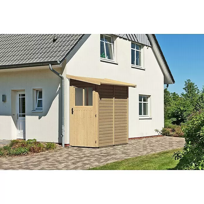 Karibu Gartenhaus Görlitz - Außenmaß inkl. Dachüberstand (B x T): 117 x 217 cm, Holz, Natur - Heller Holz-Anlehnschuppen am Haus, bietet Stauraum im Freien.