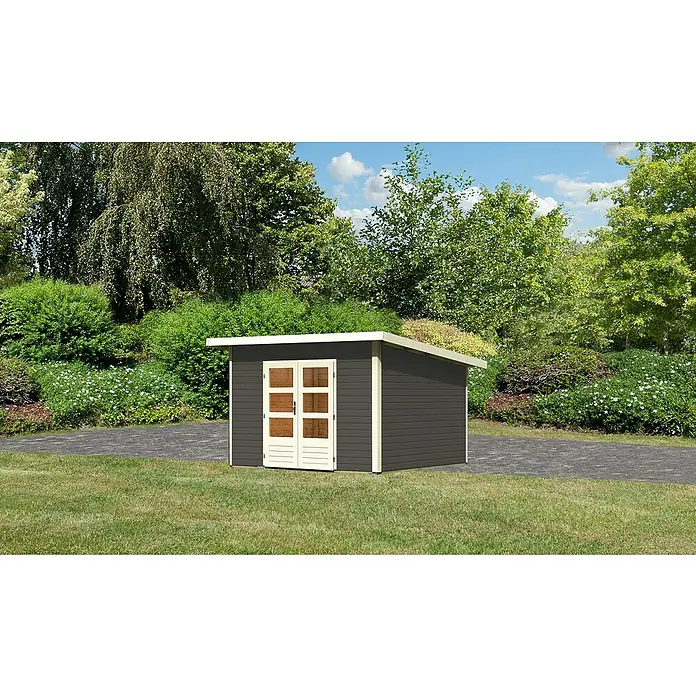 Karibu Gartenhaus Northeim 3 - Außenmaß inkl. Dachüberstand (B x T): 358 x 360 cm, Holz, Terragrau, Ohne Seitendach - Modernes Gartenhaus mit Flachdach und Doppeltür, ideal zur Aufbewahrung von Gartengeräten und Zubehör im stilvollen Design für jeden Garten.