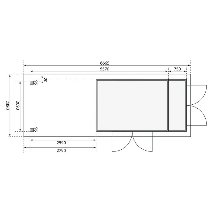 Karibu Gartenhaus Retola 5 - Außenmaß inkl. Dachüberstand (B x T): 666,5 x 238 cm, Holz, Natur - Draufsicht eines Gartenhauses mit Abmessungen, die seine Größe und Raumaufteilung veranschaulichen.\n