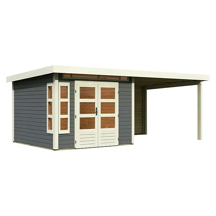 Karibu Gartenhaus Kastorf 6 - Außenmaß inkl. Dachüberstand (B x T): 612 x 303 cm, Holz, Terragrau, Mit Seitendach und Rückwand - Das Bild zeigt ein modernes Gartenhaus mit einem Vordach. Das Haus hat eine graue Holzverkleidung und weiße Fenster- und Türrahmen, die das Design betonen.