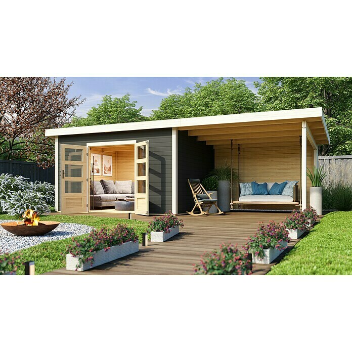 Karibu Gartenhaus Northeim 4 (Außenmaß inkl. Dachüberstand (B x T): 724 x 331,5 cm, Holz, Terragrau, Mit Seitendach und Rückwand) | BAUHAUS