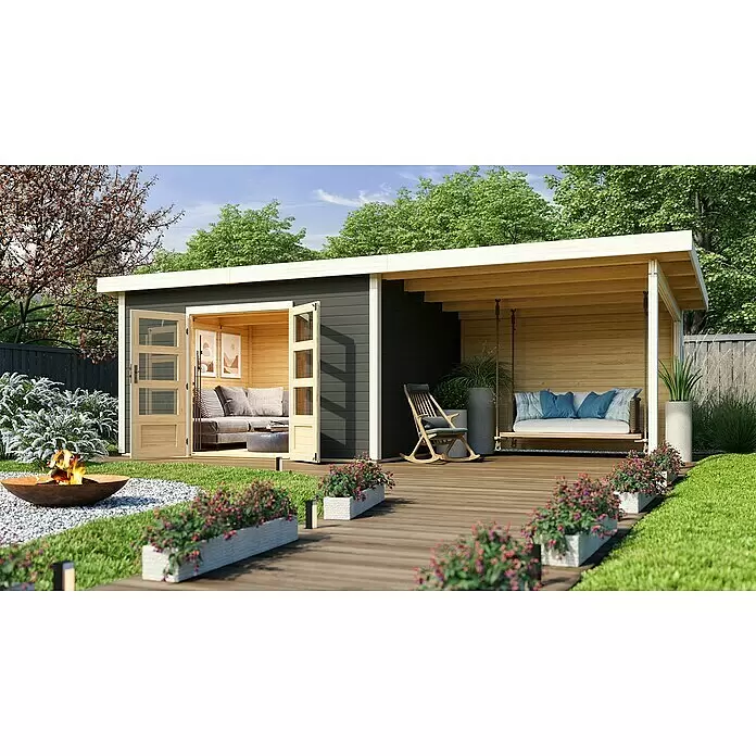 Karibu Gartenhaus Northeim 4 - Außenmaß inkl. Dachüberstand (B x T): 724 x 331,5 cm, Holz, Terragrau, Mit Seitendach und Rückwand - Modernes dunkelgraues Gartenhaus mit Naturholz-Innenraum und überdachter Veranda, mit Innen-Sitzgelegenheiten, Außenschaukelbett und Feuerstelle.