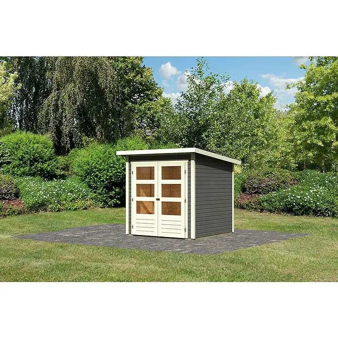 Karibu Gartenhaus Stockach 2 - Außenmaß inkl. Dachüberstand (B x T): 212 x 210 cm, Holz, Terragrau - Das Gartenhaus mit Doppeltür bietet praktischen Stauraum im Garten. Das graue Design fügt sich harmonisch in die Umgebung ein.