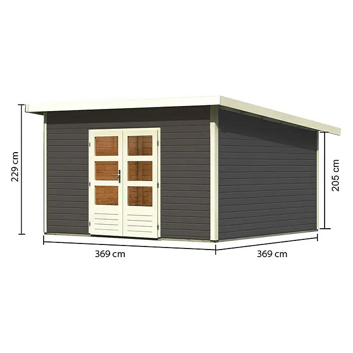 Karibu Gartenhaus Northeim 5 - Außenmaß inkl. Dachüberstand (B x T): 406 x 393 cm, Holz, Terragrau - Abbildung eines Gartenhauses in Grau mit weißen Türen, das 229 cm hoch, 369 cm breit und 369 cm tief ist.
