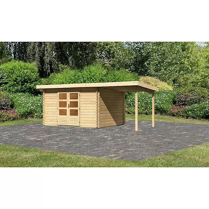 Karibu Gartenhaus Bastrup 7 - Außenmaß inkl. Dachüberstand (B x T): 574 x 333 cm, Holz, Natur, Mit Seitendach - Heller Holzgeräteschuppen mit Doppeltüren und integriertem Seitenüberdach, auf gepflastertem Bereich.