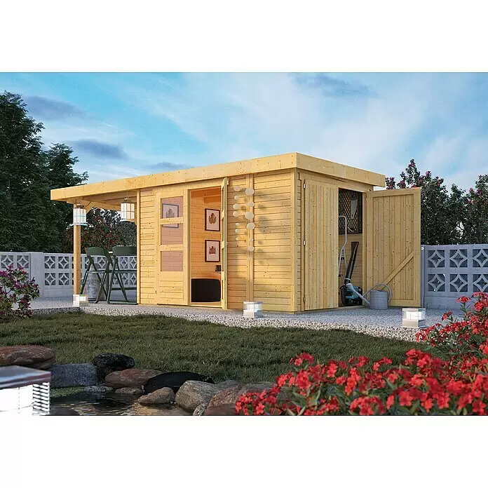 Karibu Gartenhaus Retola 3Außenmaß inkl. Dachüberstand (B x T): 566 x 238 cm, Holz, Natur