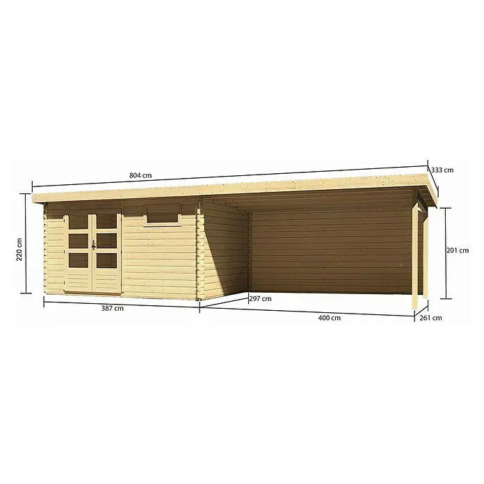 Karibu Gartenhaus Bastrup 8 - Außenmaß inkl. Dachüberstand (B x T): 804 x 333 cm, Holz, Natur, Mit Seitendach- und Rückwand - Ansicht des Holzgartenhauses mit Carport und Maßangaben zu Höhe, Breite und Tiefe zur besseren räumlichen Vorstellung.