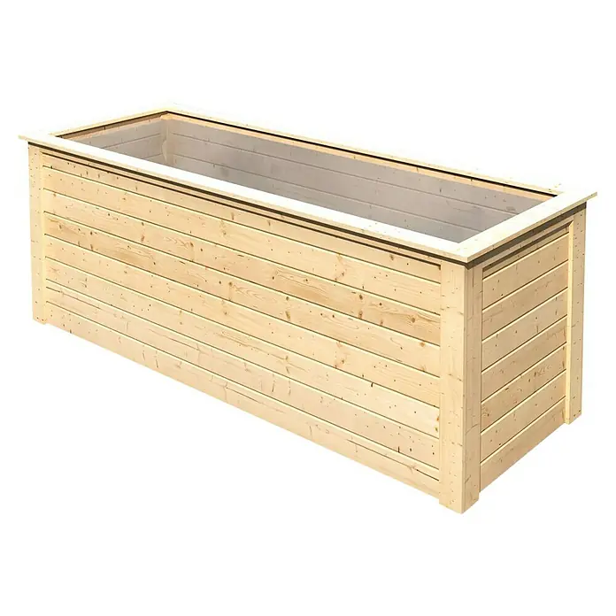 Karibu Hochbeet 28 mm 2 - 88 x 244 x 92 cm, Holz, Natur - Eine längliche, hölzerne Pflanzkiste mit einer hellen Holzoberfläche und schlichtem Design, ideal für den Garten oder die Terrasse.