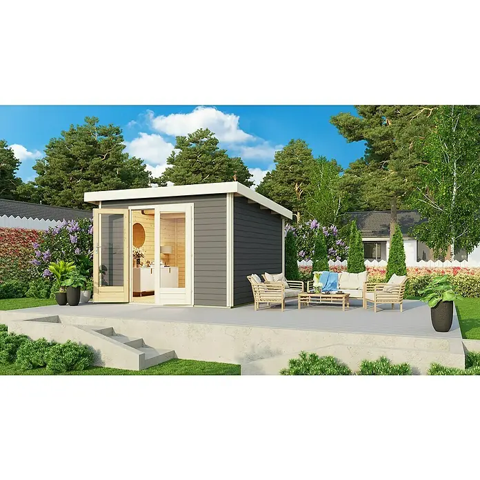 Karibu Gartenhaus Radeburg 1 - Außenmaß inkl. Dachüberstand (B x T): 346 x 331,5 cm, Holz, Terragrau - Stilvolles Gartenhaus mit Terrasse und Sitzbereich. Das graue Haus mit Holztüren fügt sich perfekt in die grüne Umgebung ein.