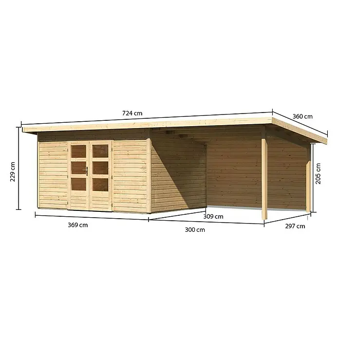 Karibu Gartenhaus Northeim 4 - Außenmaß inkl. Dachüberstand (B x T): 724 x 331,5 cm, Holz, Natur, Mit Seitendach und Rückwand - Abbildung eines Holzgartenhauses mit Maßangaben, die die Abmessungen des Produkts detailliert beschreiben.