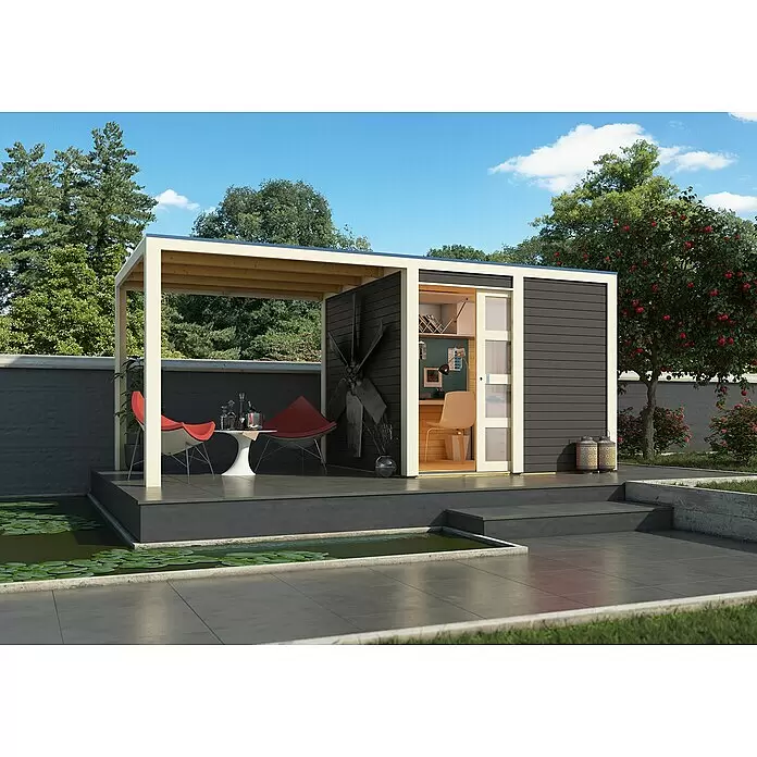 Karibu Gartenhaus Qubic 1 - Außenmaß inkl. Dachüberstand (B x T): 485 x 246 cm, Holz, Terragrau, Mit Seitendach - Ein modernes, dunkelgraues Gartenbüro mit heller Holzpergola. Es dient als Arbeits- und Freizeitbereich im Freien.