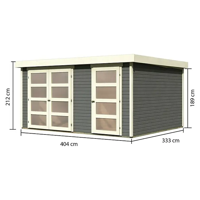Karibu Gartenhaus Mühlentrup 3 - Außenmaß inkl. Dachüberstand (B x T): 428 x 351,5 cm, Holz, Terragrau - Abbildung eines modernen Gartenhauses mit Flachdach, zwei Türen und den Maßen 404 cm Breite, 333 cm Tiefe und 212 cm Höhe.