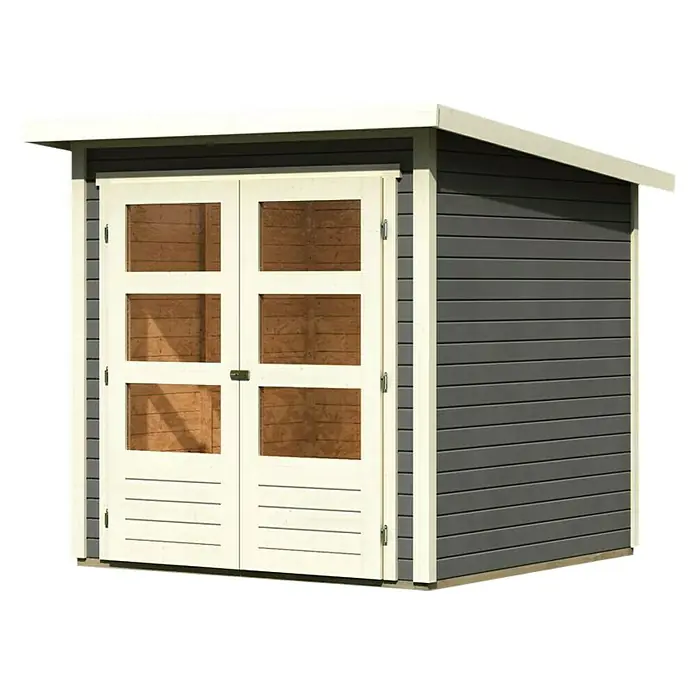 Karibu Gartenhaus Stockach 2 - Außenmaß inkl. Dachüberstand (B x T): 212 x 210 cm, Holz, Terragrau - Eine graue Gartenhütte mit Doppeltüren und einem hellen Rahmen. Das Holzhäuschen hat ein Pultdach und ist ideal für die Aufbewahrung von Gartengeräten.