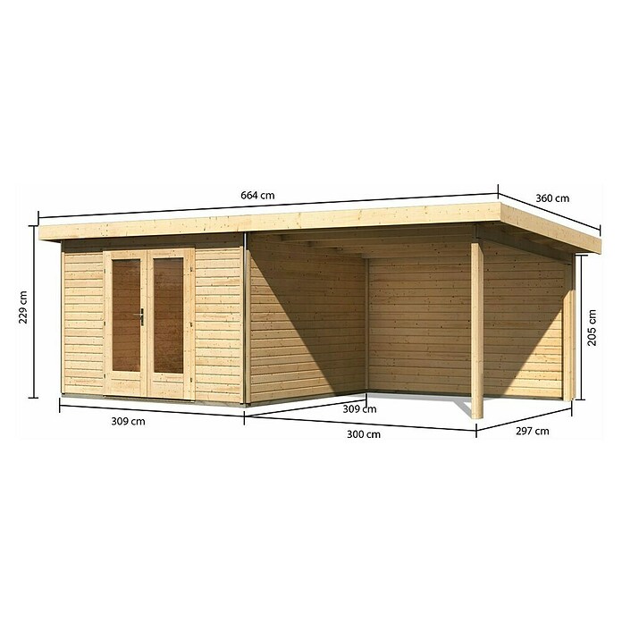 Karibu Gartenhaus Radeburg 1 (Außenmaß inkl. Dachüberstand (B x T): 664 x 331,5 cm, Holz, Natur, Mit Seitendach und Rückwand) | BAUHAUS
