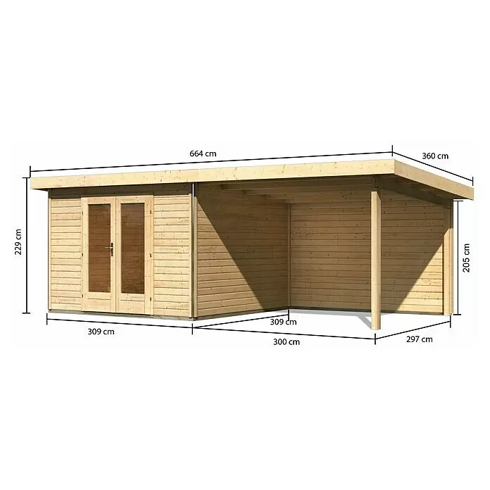 Karibu Gartenhaus Radeburg 1Außenmaß inkl. Dachüberstand (B x T): 664 x 331,5 cm, Holz, Natur, Mit Seitendach und Rückwand