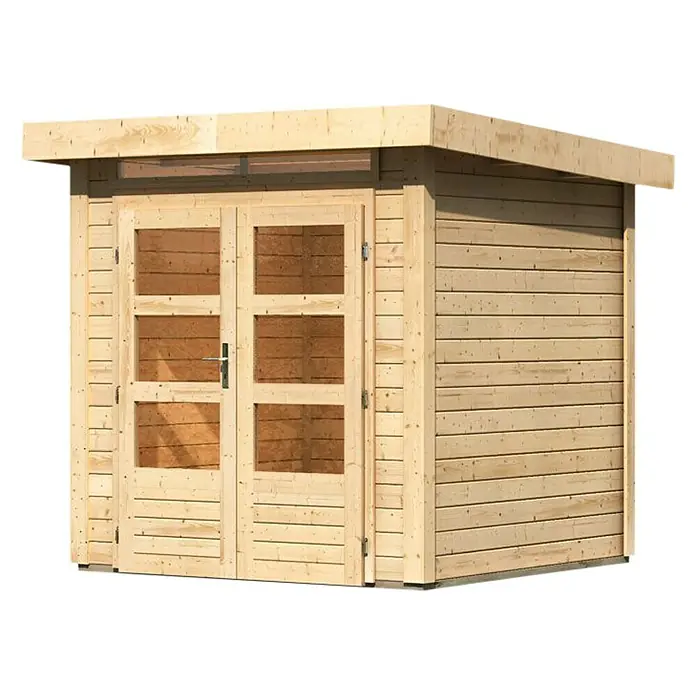 Karibu Gartenhaus Kandern 1 - Außenmaß inkl. Dachüberstand (B x T): 236 x 232 cm, Holz, Natur - Abbildung eines modernen Gartenhauses mit Doppeltüren und Fensterbereichen, gefertigt aus hellem Holz und mit einem Flachdach versehen.