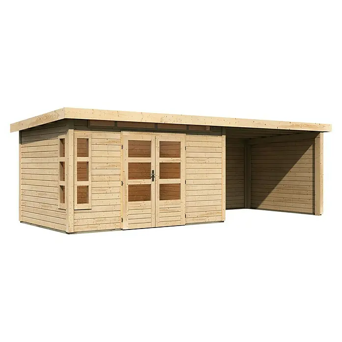 Karibu Gartenhaus Kastorf 7 - Außenmaß inkl. Dachüberstand (B x T): 702 x 273 cm, Holz, Natur, Mit Seitendach, Rück- und Seitenwand - Holzgartenhaus mit Doppeltür und Vordach, ideal für zusätzlichen Stauraum oder als gemütlicher Rückzugsort im Freien.