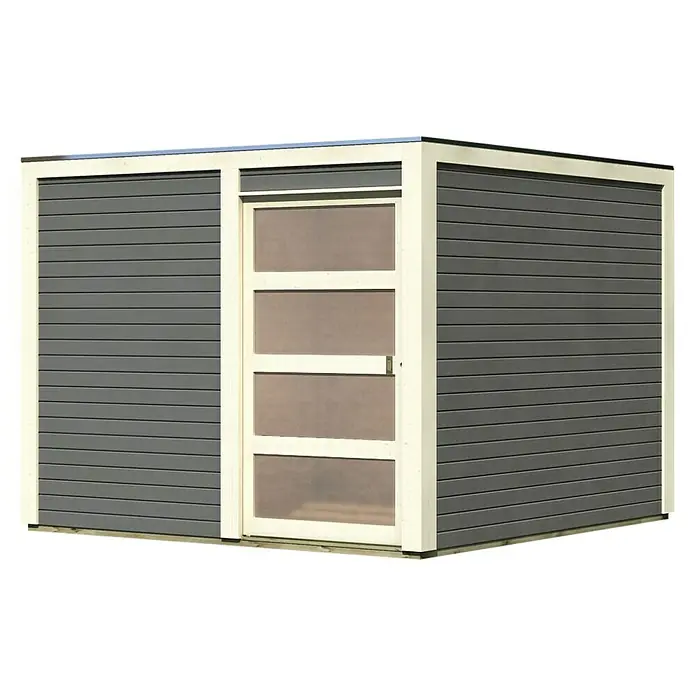 Karibu Gartenhaus Qubic 2 - Außenmaß inkl. Dachüberstand (B x T): 276 x 276 cm, Holz, Terragrau - Dieses Bild zeigt ein modernes Gartenhaus mit einer Tür mit drei Fenstern und einer grauen horizontalen Holzverkleidung.