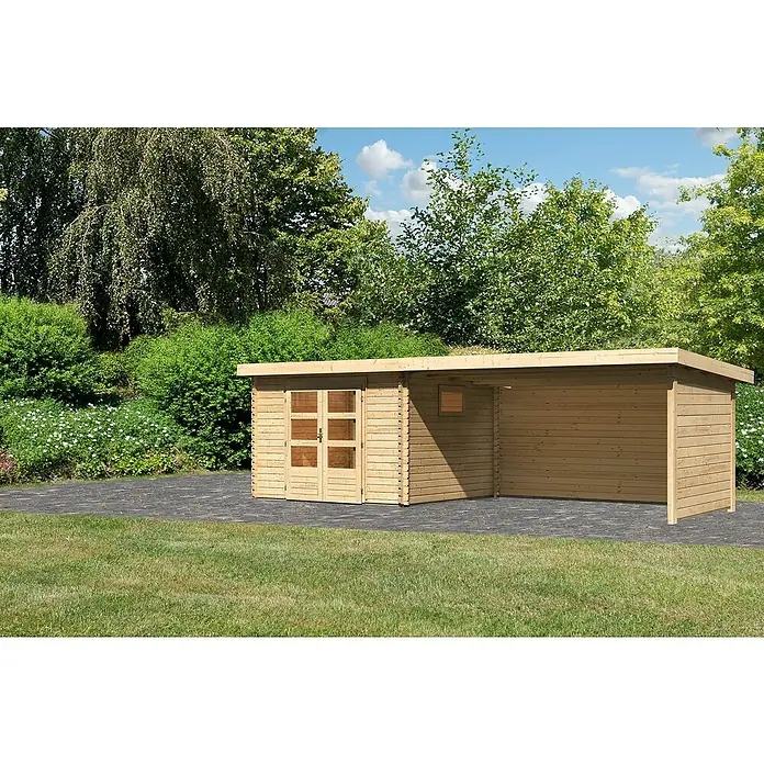 Karibu Gartenhaus - Außenmaß inkl. Dachüberstand (B x T): 716,5 x 333 cm, Holz, Natur, Mit Seitendach, Rück- & Seitenwand - Ein modernes Gartenhaus mit Flachdach und Doppeltür, ideal für die Aufbewahrung und als stilvoller Rückzugsort im Garten.