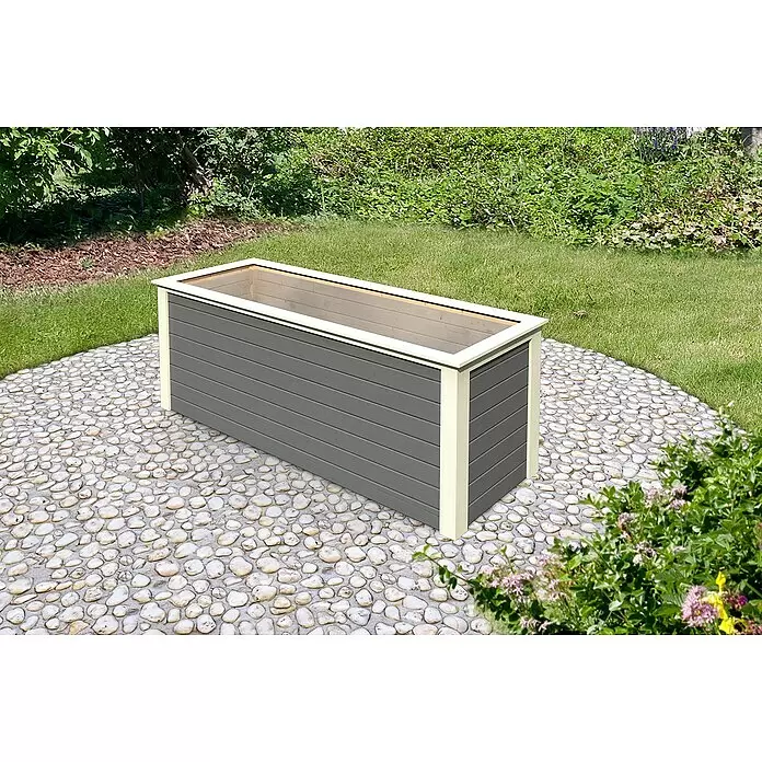 Karibu Hochbeet 28 mm 2 - 88 x 244 x 92 cm, Holz, Terragrau - Rechteckiger grauer Pflanzkübel mit hellem Rand auf einem Kieselweg, bereit zum Bepflanzen.