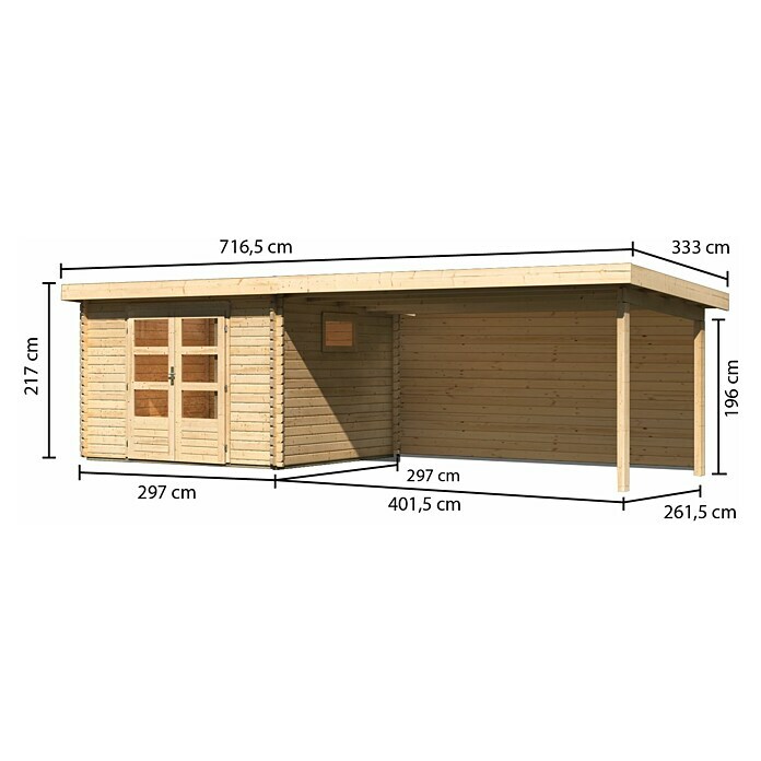 Karibu Gartenhaus (Außenmaß inkl. Dachüberstand (B x T): 716,5 x 333 cm, Holz, Natur, Mit Seitendach & Rückwand) | BAUHAUS