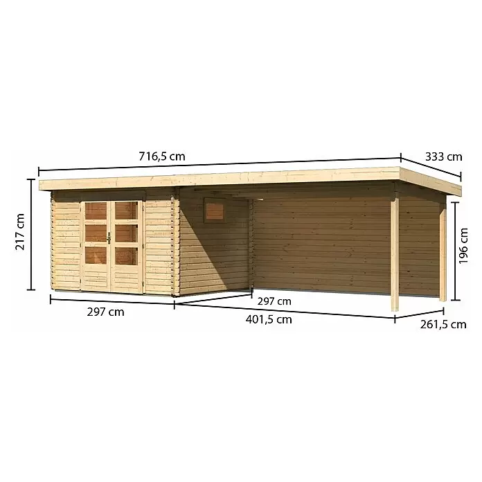 Karibu GartenhausAußenmaß inkl. Dachüberstand (B x T): 716,5 x 333 cm, Holz, Natur, Mit Seitendach & Rückwand