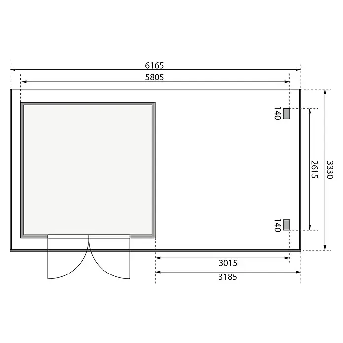 Karibu Gartenhaus Trittau 3 - Außenmaß inkl. Dachüberstand (B x T): 616,5 x 333 cm, Holz, Natur, Mit Seitendach - Grundrisszeichnung eines rechteckigen Gebäudes mit detaillierten Maßangaben und Fensterpositionen, ideal für Bauplanung.