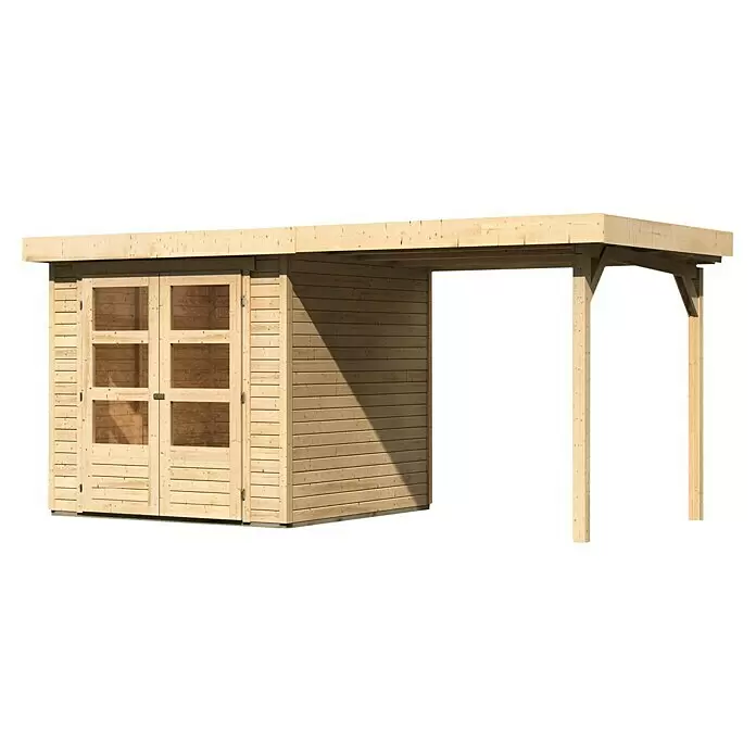 Karibu Gartenhaus Cuno 1 - Außenmaß inkl. Dachüberstand (B x T): 467 x 238 cm, Holz, Natur, Mit Seitendach - Diagonale Ansicht