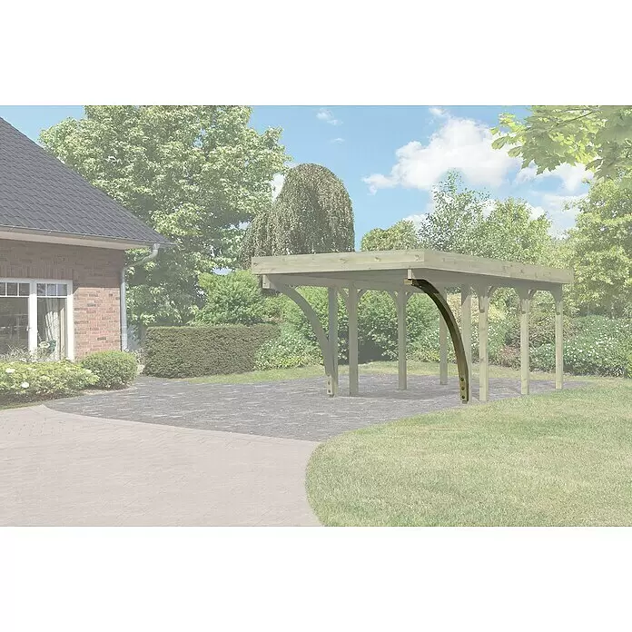 Karibu Einfahrtsbogen - 1 Stk., Kesseldruckimprägniert, 9 cm - Holzcarport im Garten mit geschwungenem Stützbalken und hellem Holz.