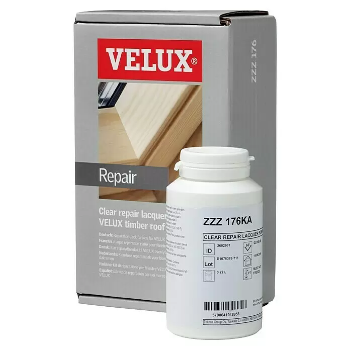 Velux Reparaturlack ZZZ 176KH - Passend für: VELUX Holzdachfenster klar lackiert - VELUX Klarreparaturlack-Set für Holz-Dachfenster, bestehend aus einer grauen Box und einer weißen Flasche.