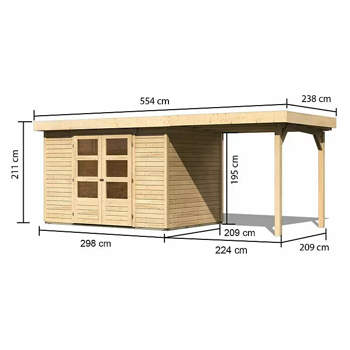 Karibu Gartenhaus Cuno 4 - Außenmaß inkl. Dachüberstand (B x T): 554 x 238 cm, Holz, Natur, Mit Seitendach - Gartenhaus aus hellem Holz mit integriertem Carport. Die Holzkonstruktion hat Doppeltüren und ein offenes Vordach, Maße sind angegeben.
