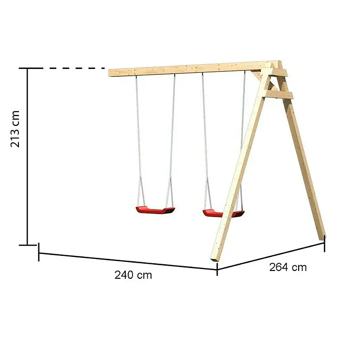 Karibu Kinderspielturm Benjamin - L x B x H: 244 x 198 x 309 cm, Naturbelassen, Mit blauer Rutsche - Abbildung eines Holzschaukelgestells mit zwei Schaukeln, versehen mit Maßangaben für Höhe, Länge und Breite in Zentimetern.