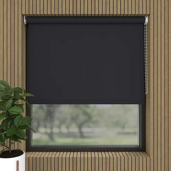 Rollo - B x H: 50 x 190 cm, Schwarz, Tageslichtdurchlässig - Eine Nahaufnahme eines Fensters mit einem schwarzen Rollo, das teilweise heruntergelassen ist, und einer Pflanze daneben.