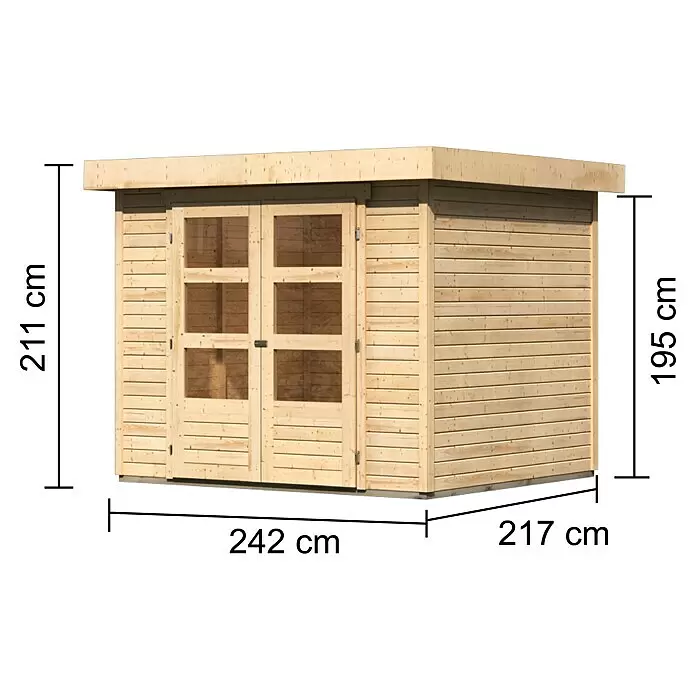 Karibu Gartenhaus Cuno 2 - Außenmaß inkl. Dachüberstand (B x T): 266 x 238 cm, Holz, Natur - Gartenhaus aus Holz mit Doppeltüren, 242x217 cm Grundfläche, 195-211 cm Höhe.