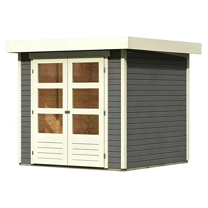 Karibu Gartenhaus Cuno 1 - Außenmaß inkl. Dachüberstand (B x T): 242 x 238 cm, Holz, Terragrau - Diagonale Ansicht