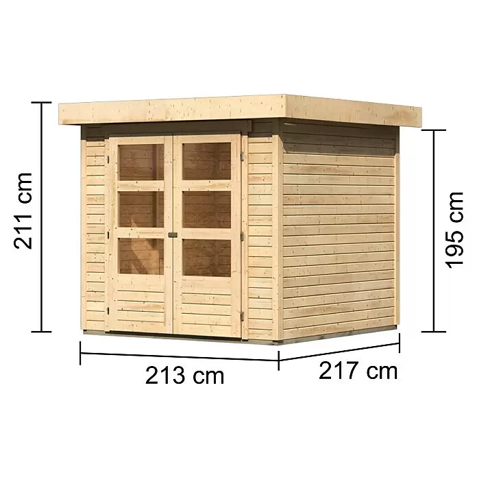 Karibu Gartenhaus Express 3 - Außenmaß inkl. Dachüberstand (B x T): 242 x 238 cm, Holz, Naturbelassen, Ohne Anbau - Skizze
